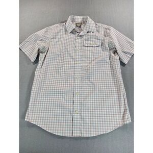 Duluth Trading Co Button Down Shirt Mens Medium Blue Orange Plaid Short Sleeve